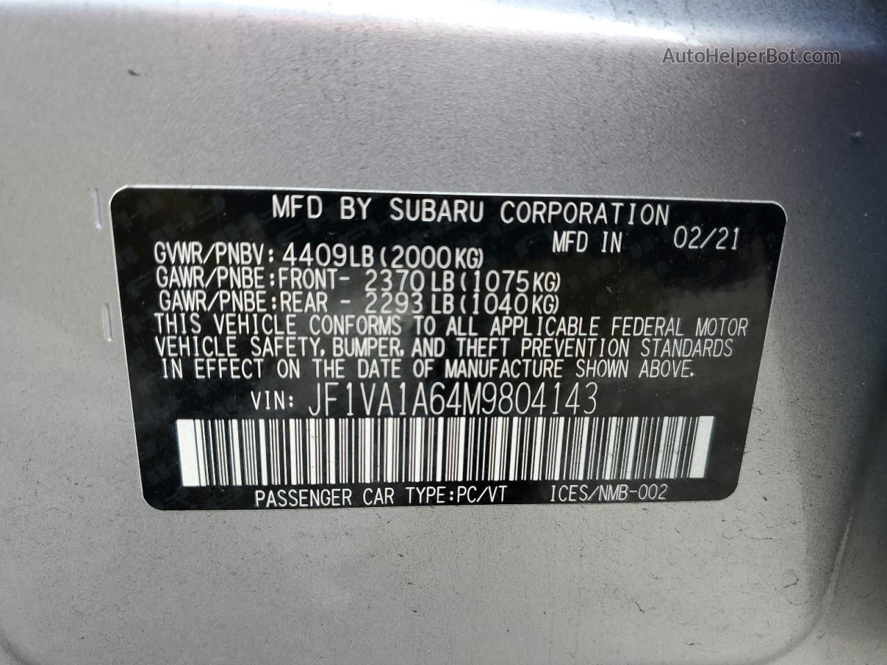 2021 Subaru Wrx  Silver vin: JF1VA1A64M9804143