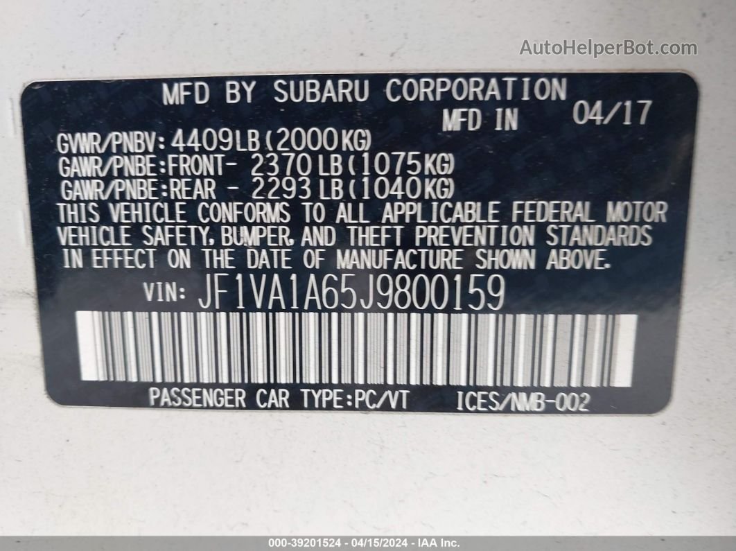 2018 Subaru Wrx   White vin: JF1VA1A65J9800159