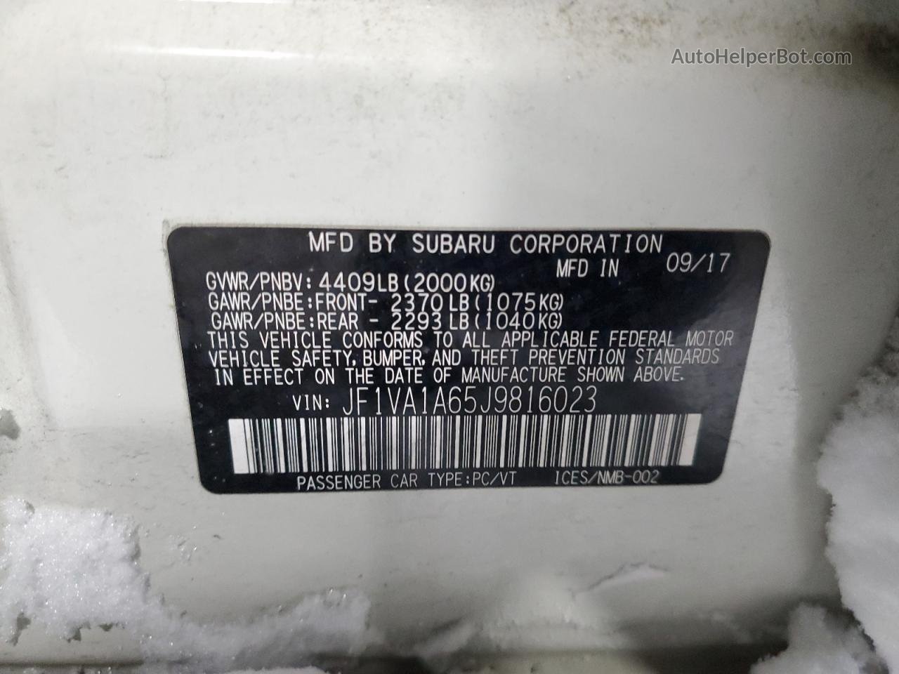 2018 Subaru Wrx  White vin: JF1VA1A65J9816023