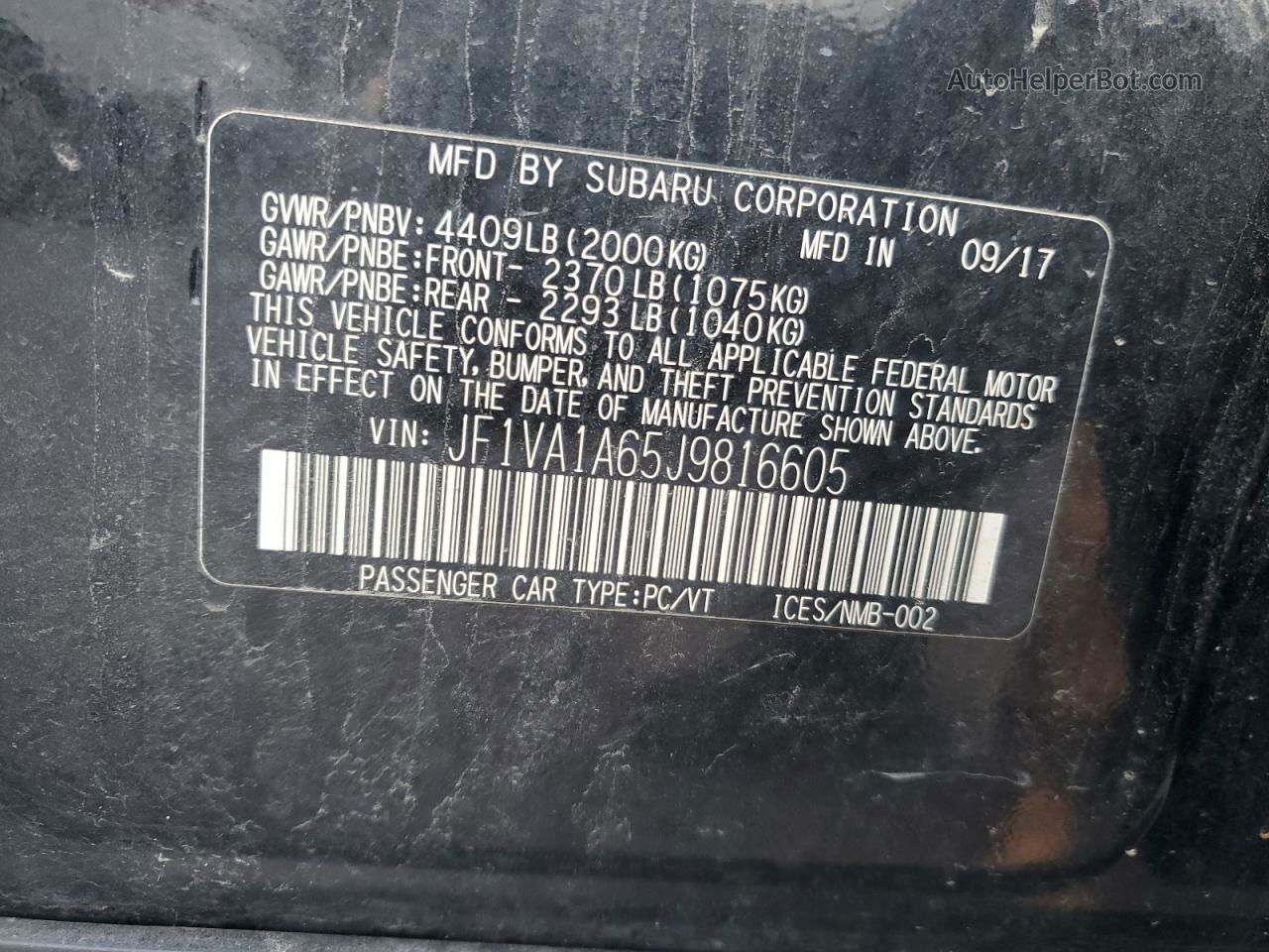 2018 Subaru Wrx  Черный vin: JF1VA1A65J9816605