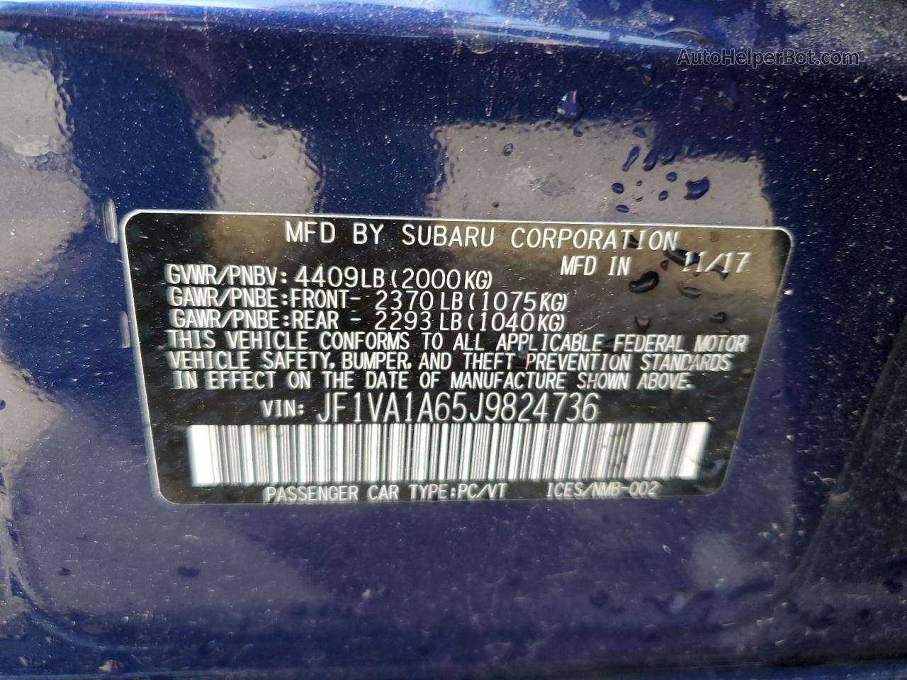 2018 Subaru Wrx  Синий vin: JF1VA1A65J9824736