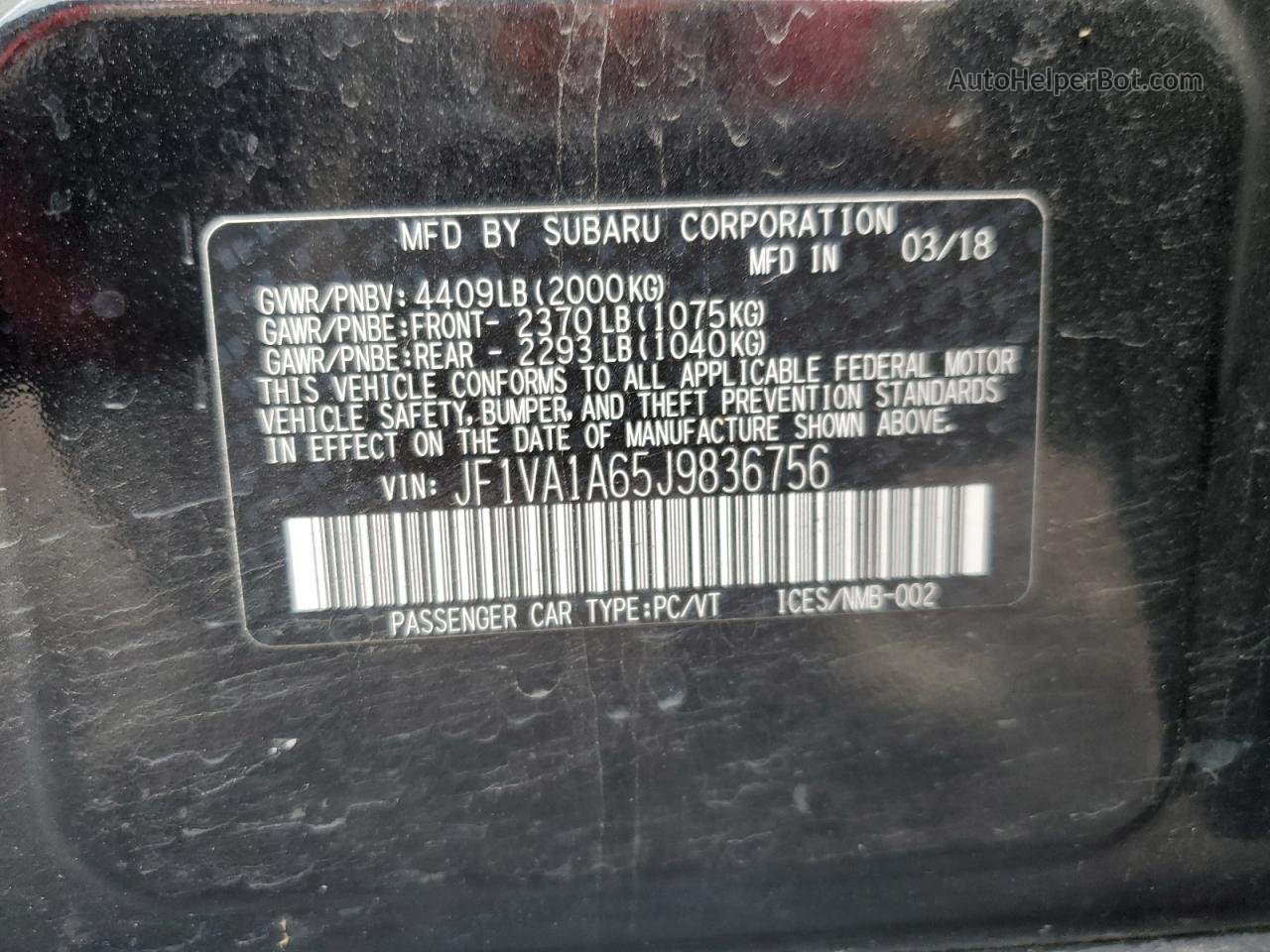 2018 Subaru Wrx  Черный vin: JF1VA1A65J9836756