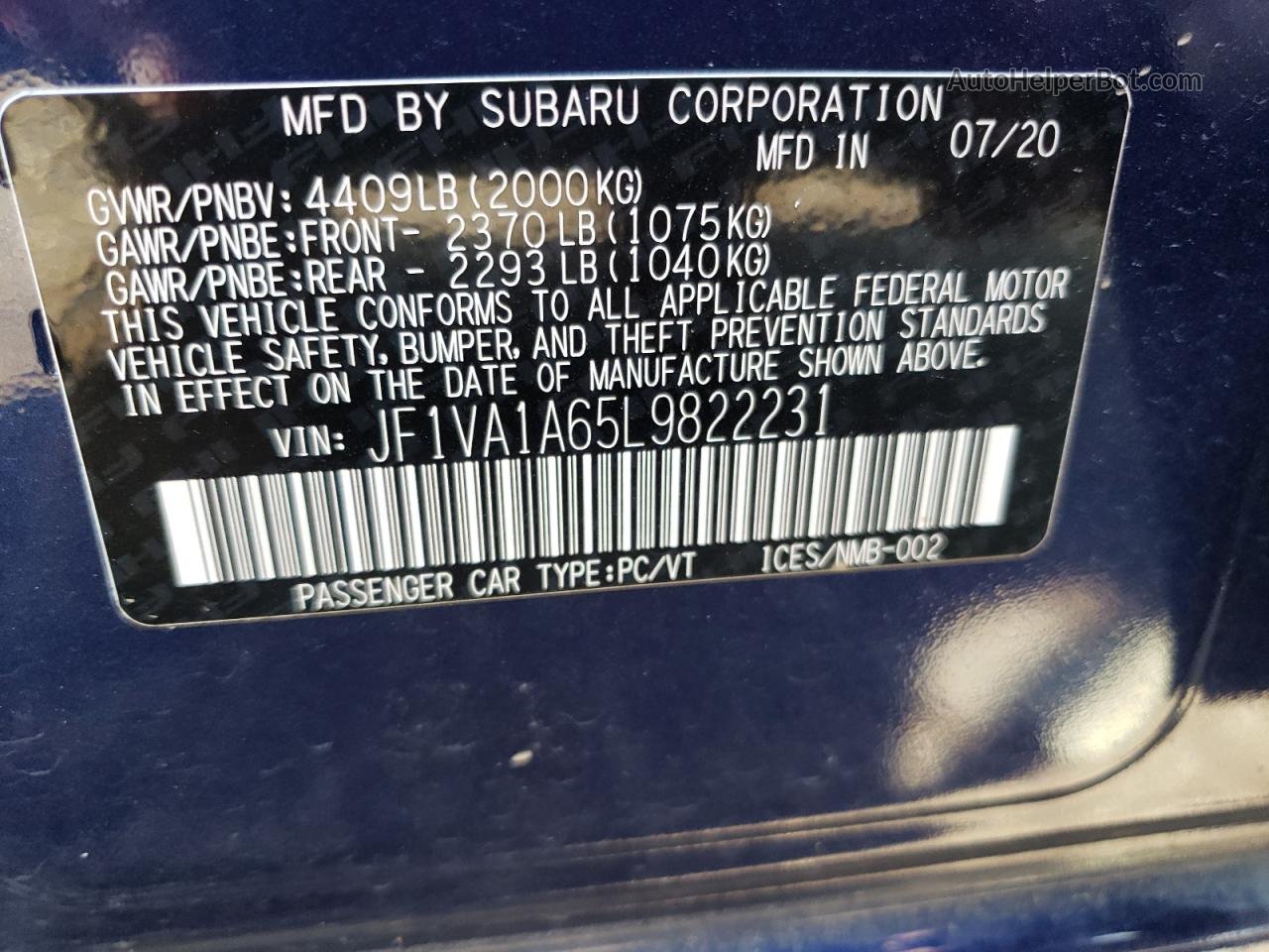 2020 Subaru Wrx  Синий vin: JF1VA1A65L9822231