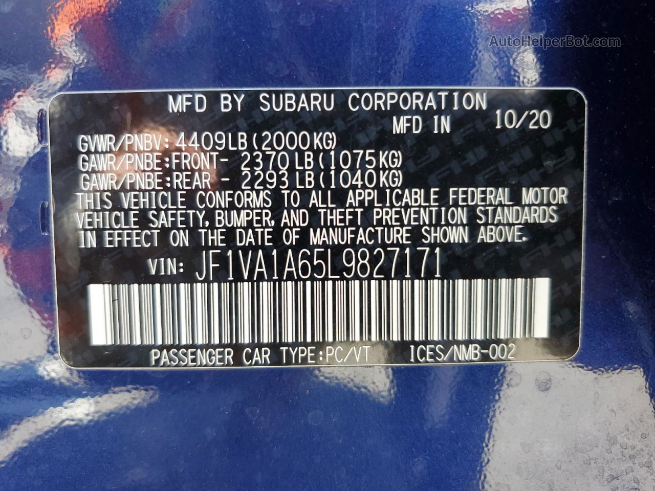 2020 Subaru Wrx  Синий vin: JF1VA1A65L9827171