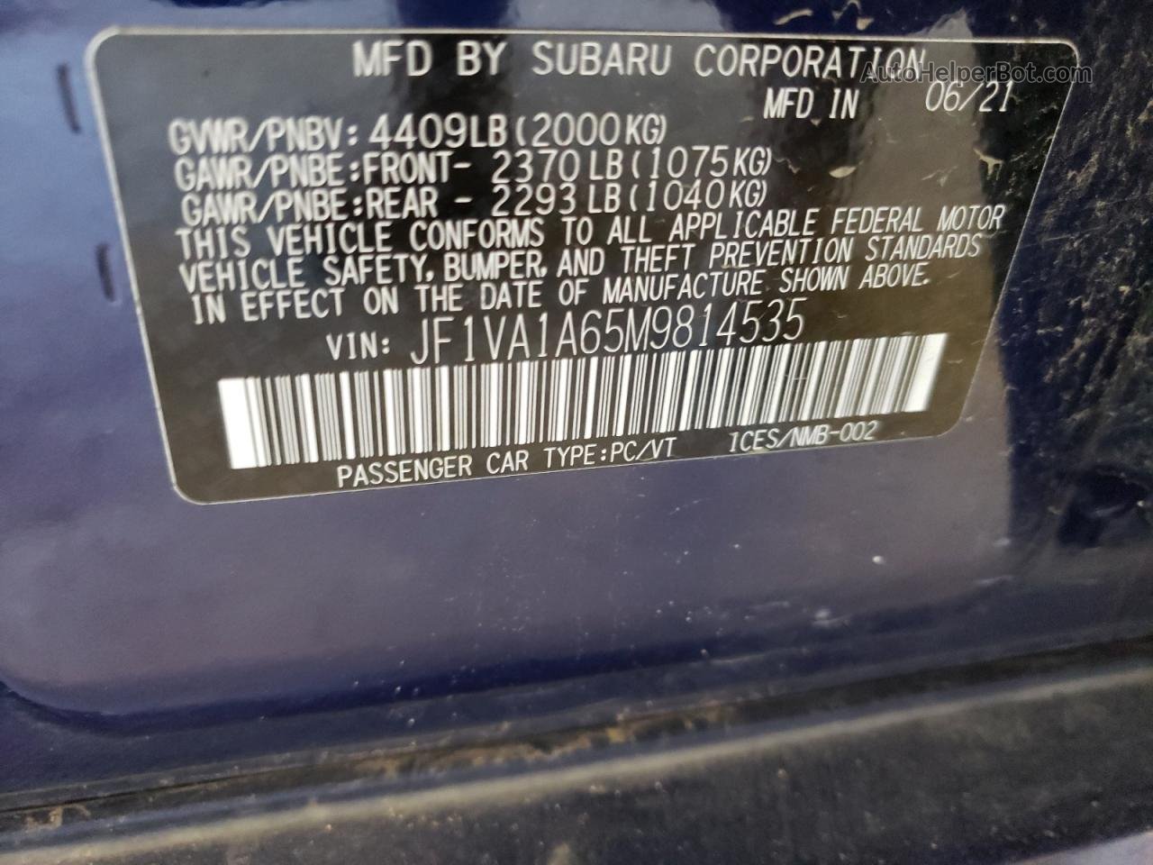 2021 Subaru Wrx  Синий vin: JF1VA1A65M9814535