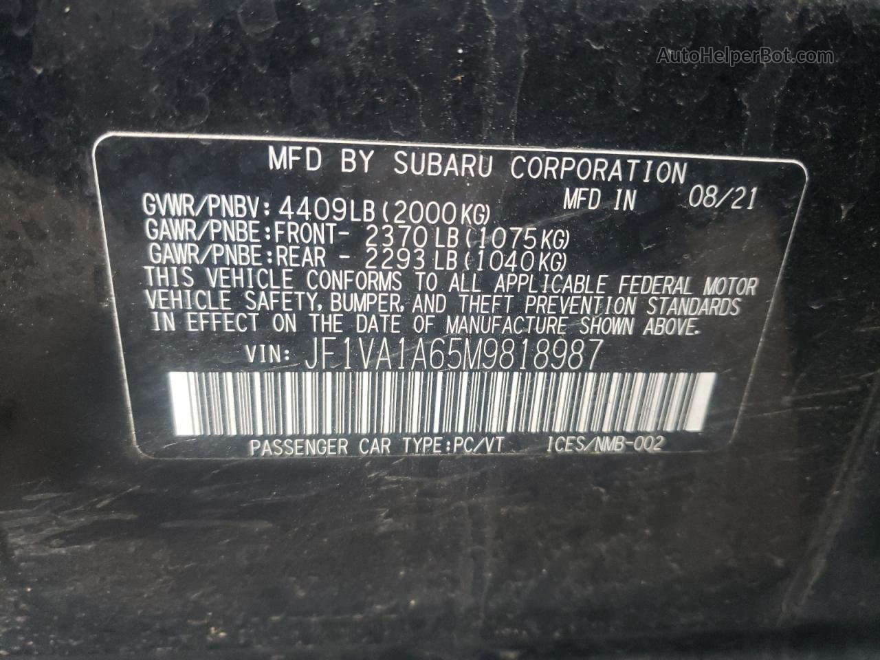 2021 Subaru Wrx  Черный vin: JF1VA1A65M9818987