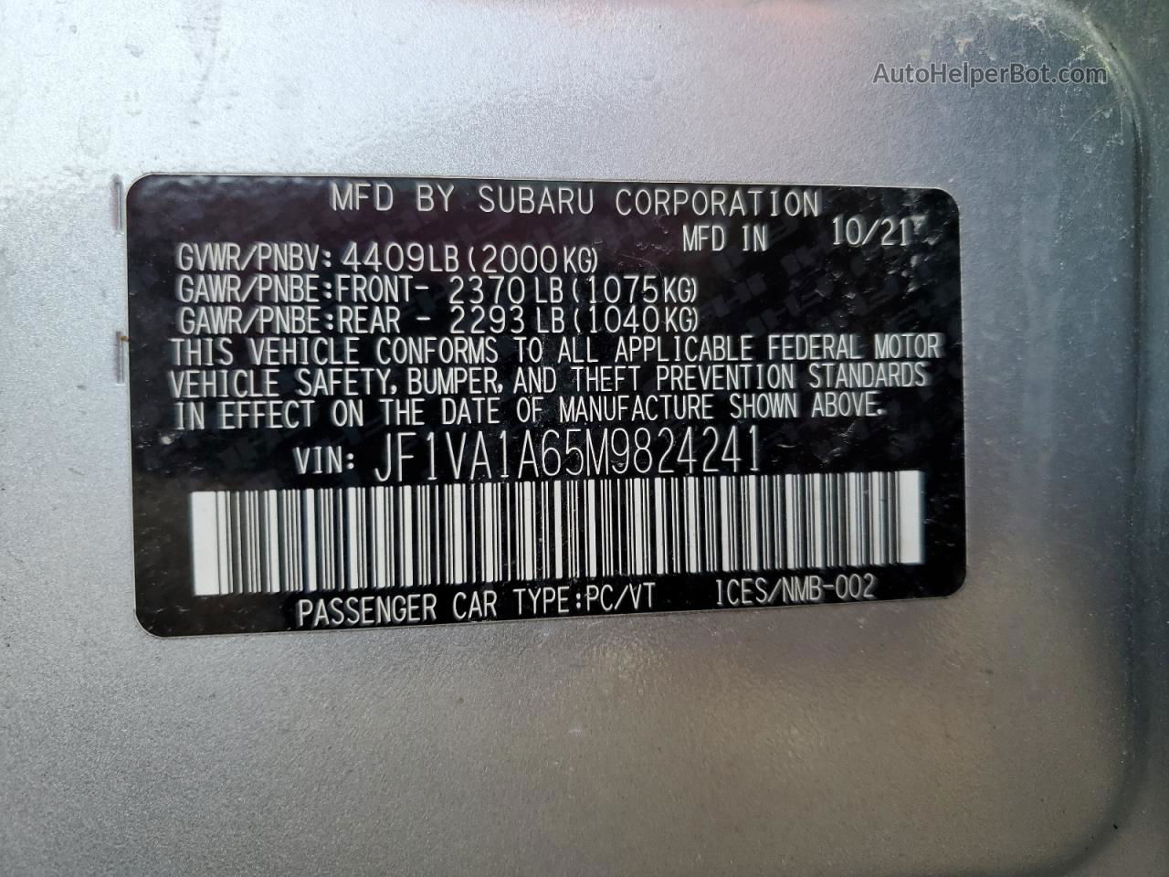 2021 Subaru Wrx  Silver vin: JF1VA1A65M9824241