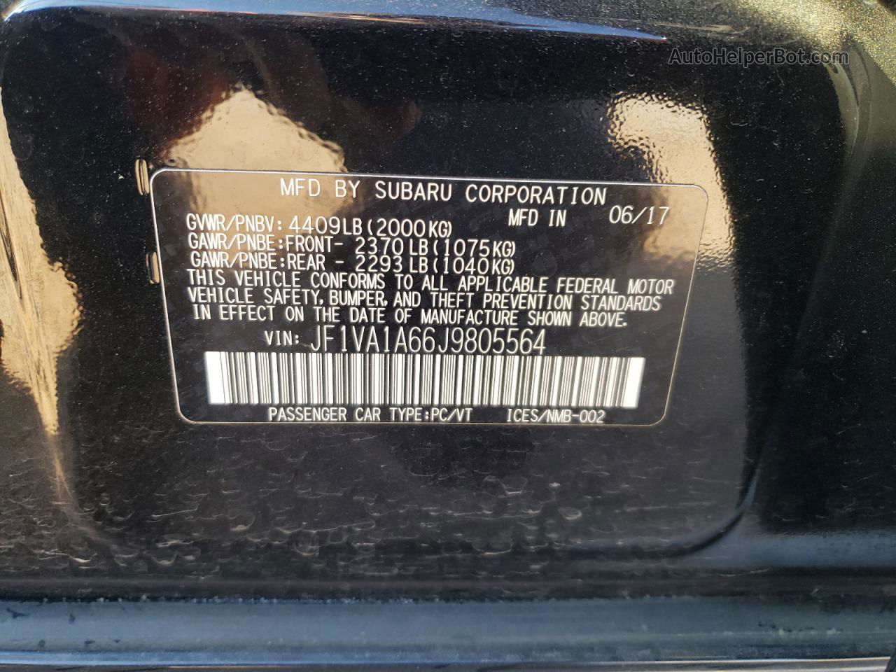 2018 Subaru Wrx  Black vin: JF1VA1A66J9805564