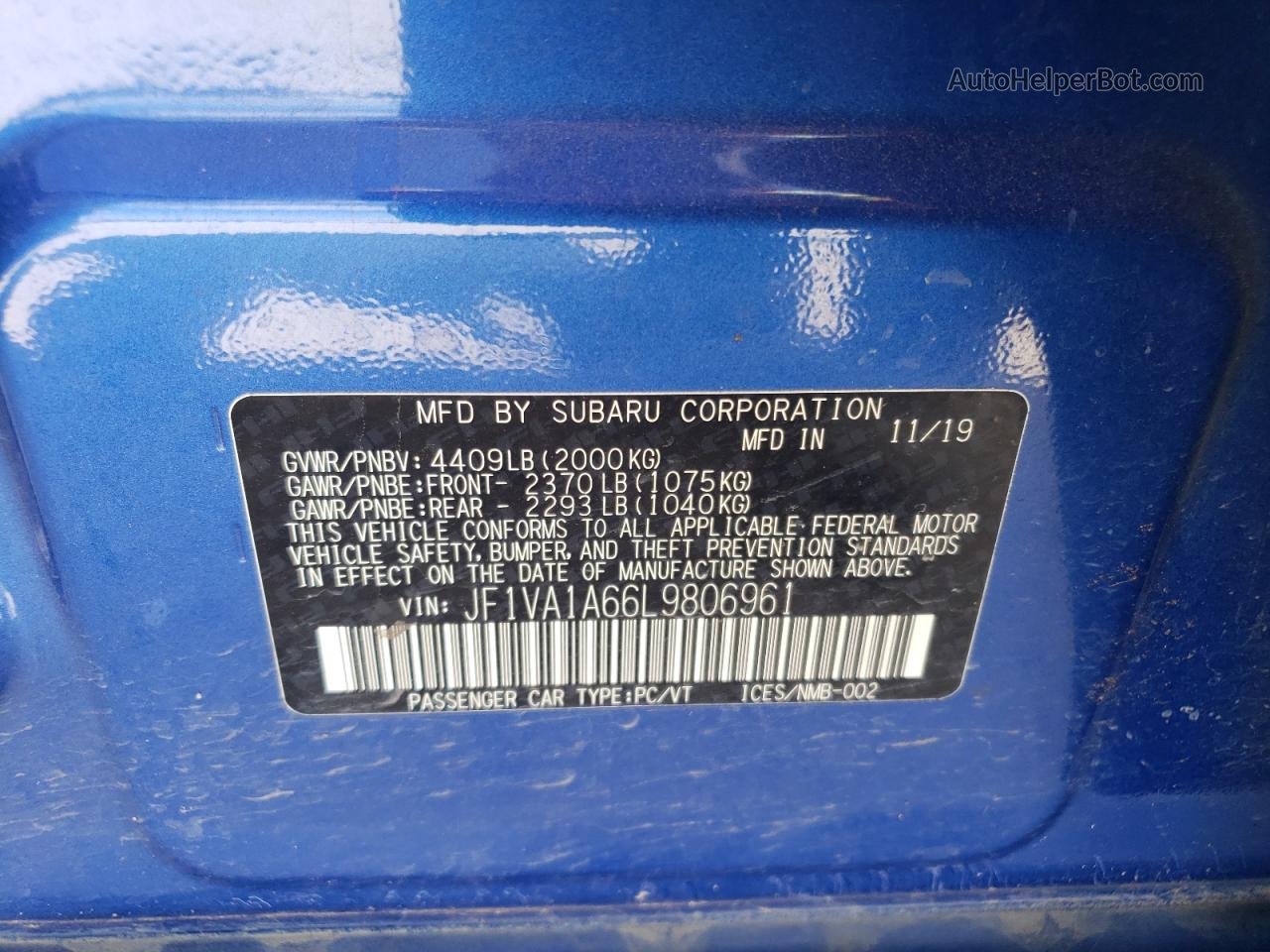 2020 Subaru Wrx  Blue vin: JF1VA1A66L9806961