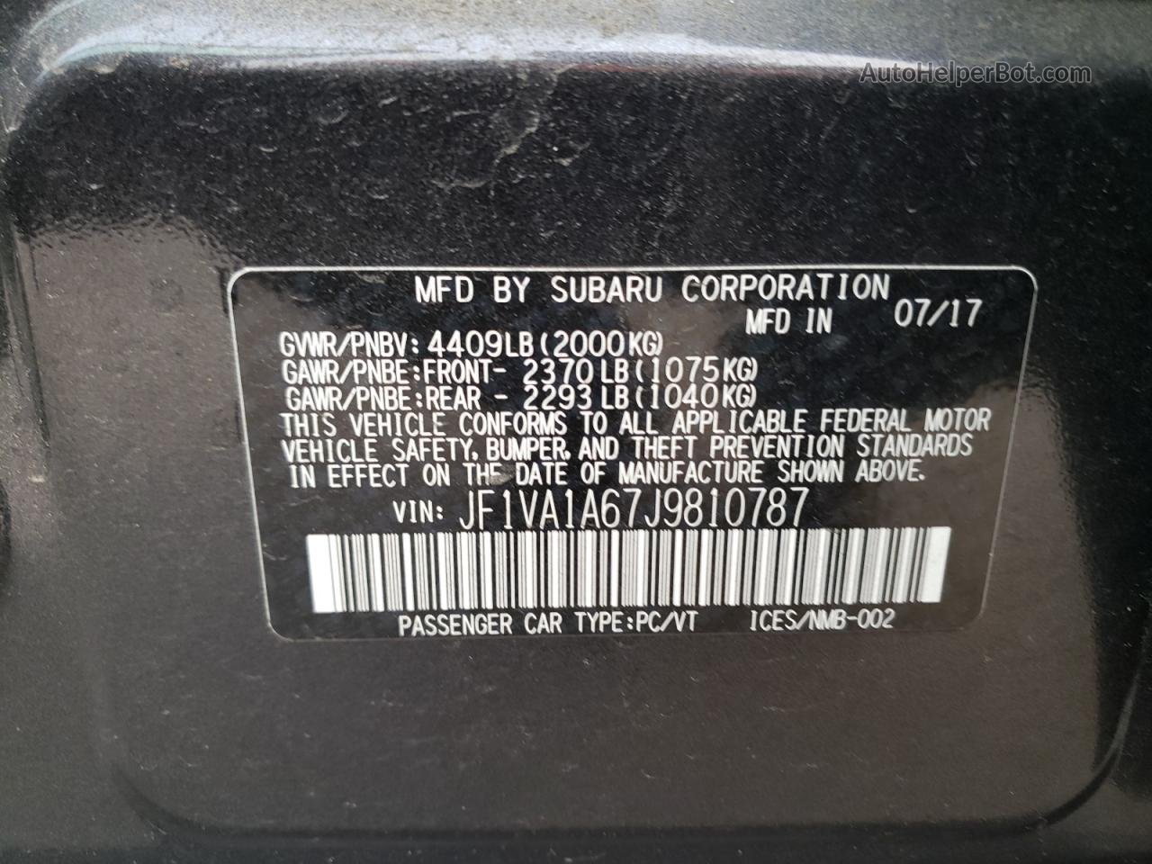 2018 Subaru Wrx  Black vin: JF1VA1A67J9810787