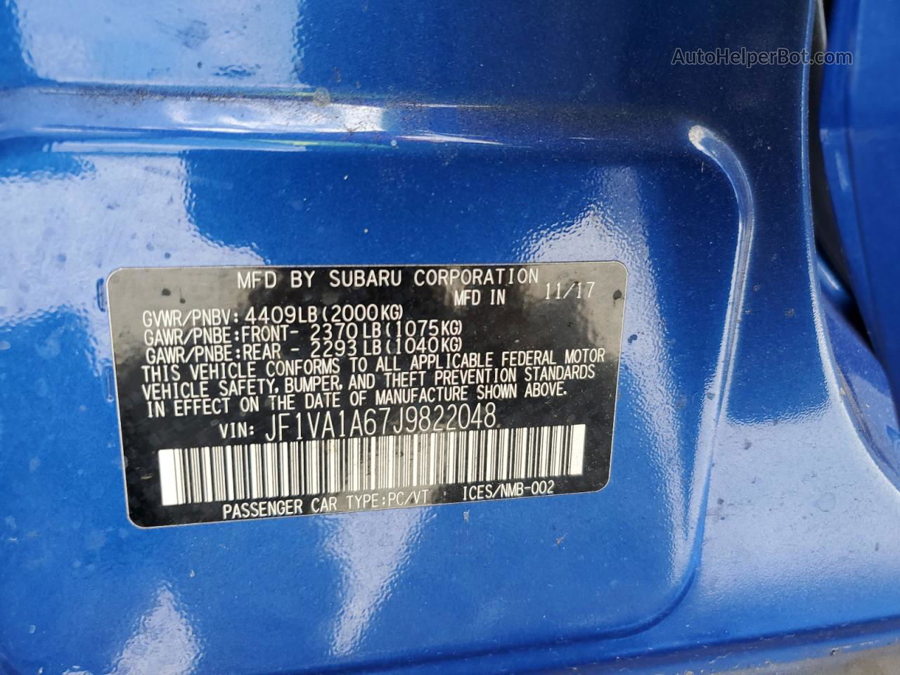 2018 Subaru Wrx  Blue vin: JF1VA1A67J9822048