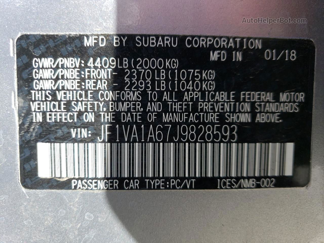 2018 Subaru Wrx  Silver vin: JF1VA1A67J9828593