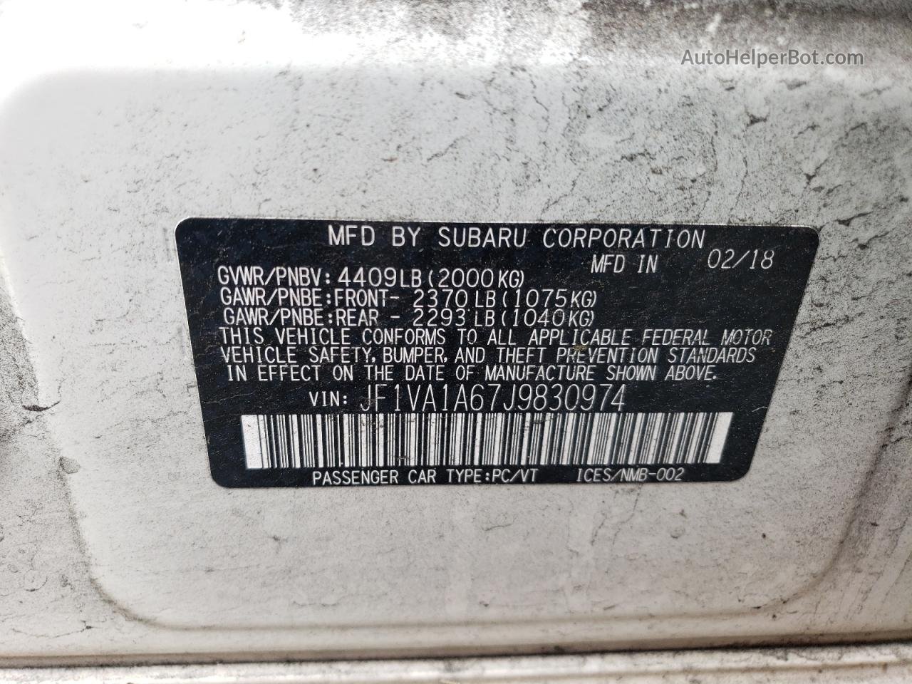 2018 Subaru Wrx  Белый vin: JF1VA1A67J9830974