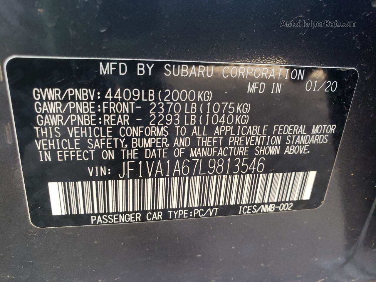 2020 Subaru Wrx  Charcoal vin: JF1VA1A67L9813546