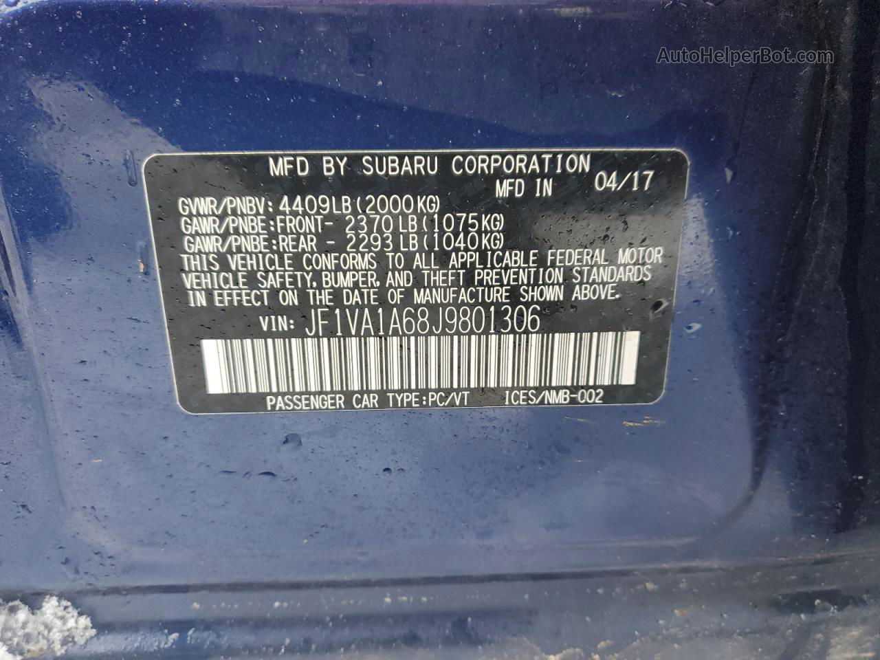 2018 Subaru Wrx  Blue vin: JF1VA1A68J9801306