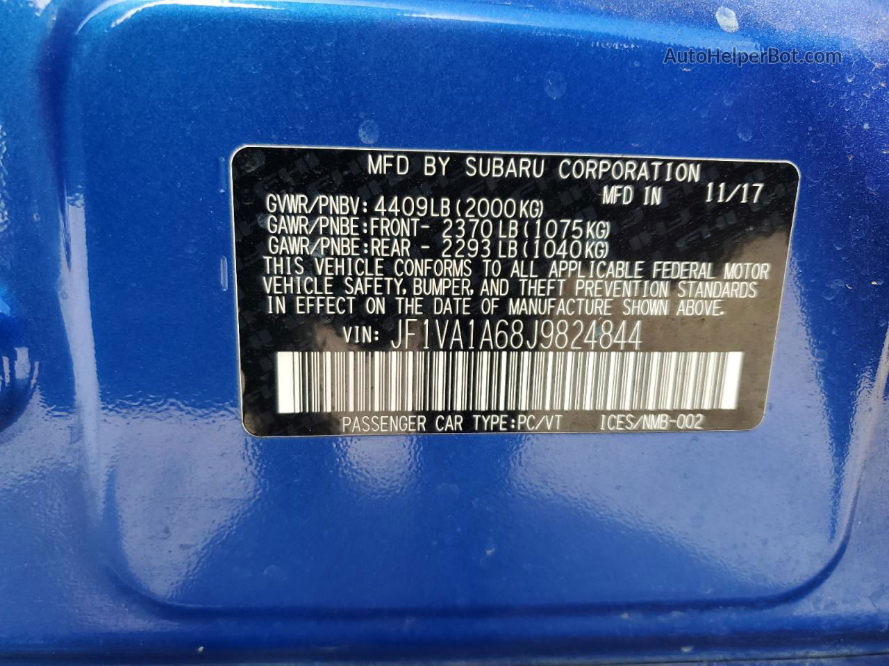 2018 Subaru Wrx  Blue vin: JF1VA1A68J9824844