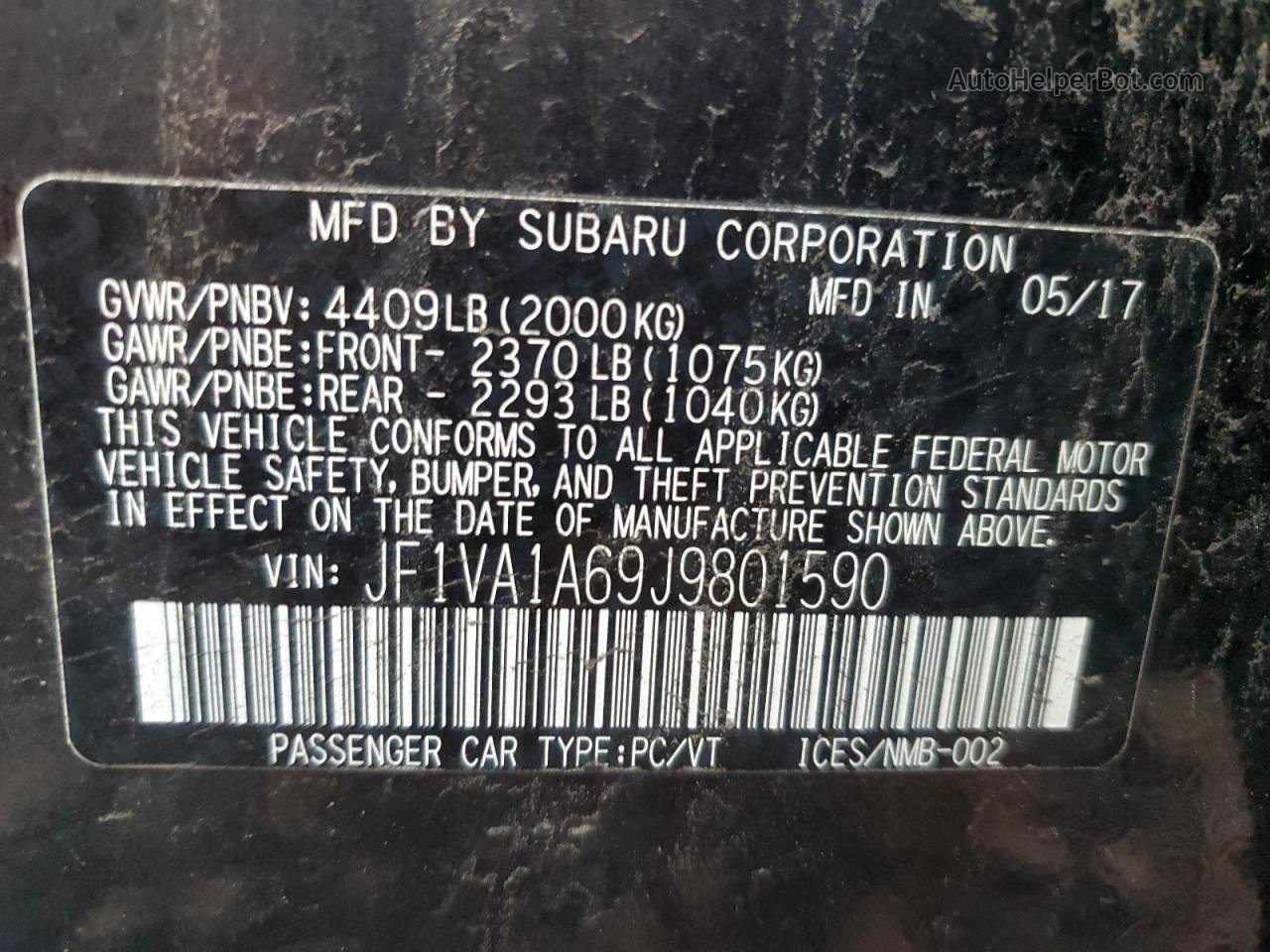 2018 Subaru Wrx  Черный vin: JF1VA1A69J9801590