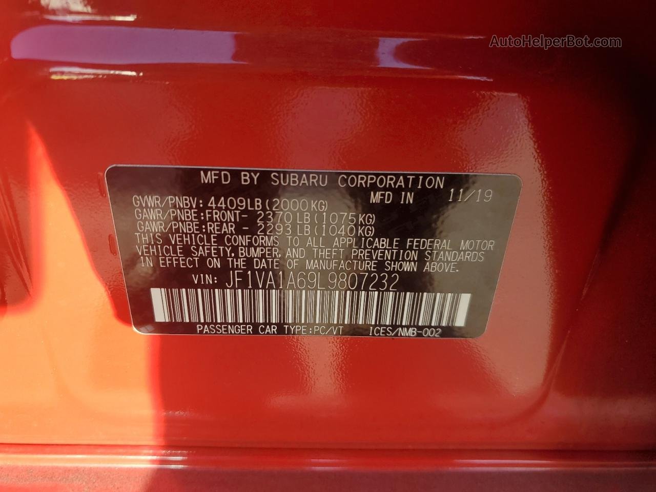 2020 Subaru Wrx  Красный vin: JF1VA1A69L9807232