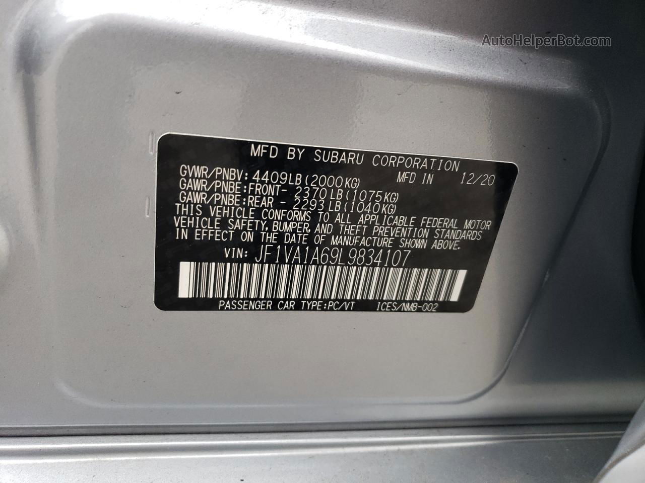 2020 Subaru Wrx  Silver vin: JF1VA1A69L9834107