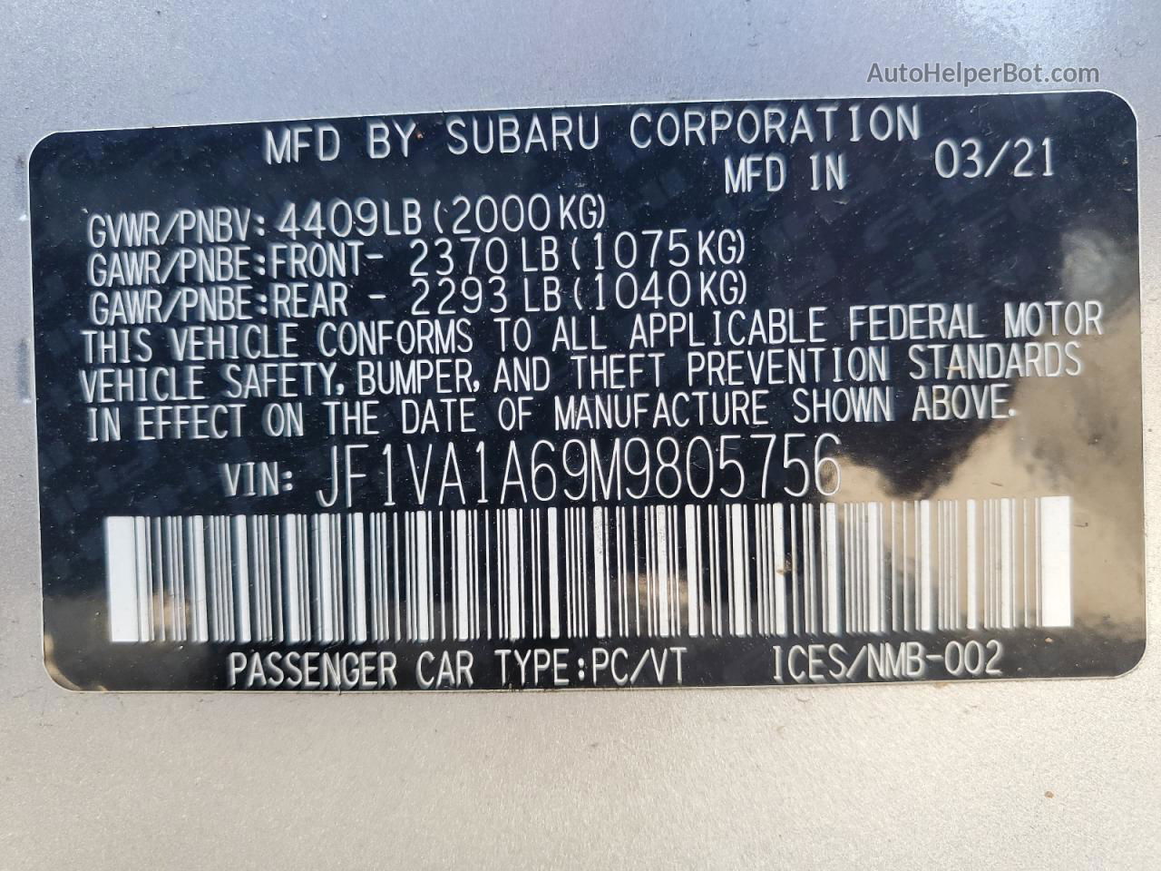 2021 Subaru Wrx  Silver vin: JF1VA1A69M9805756