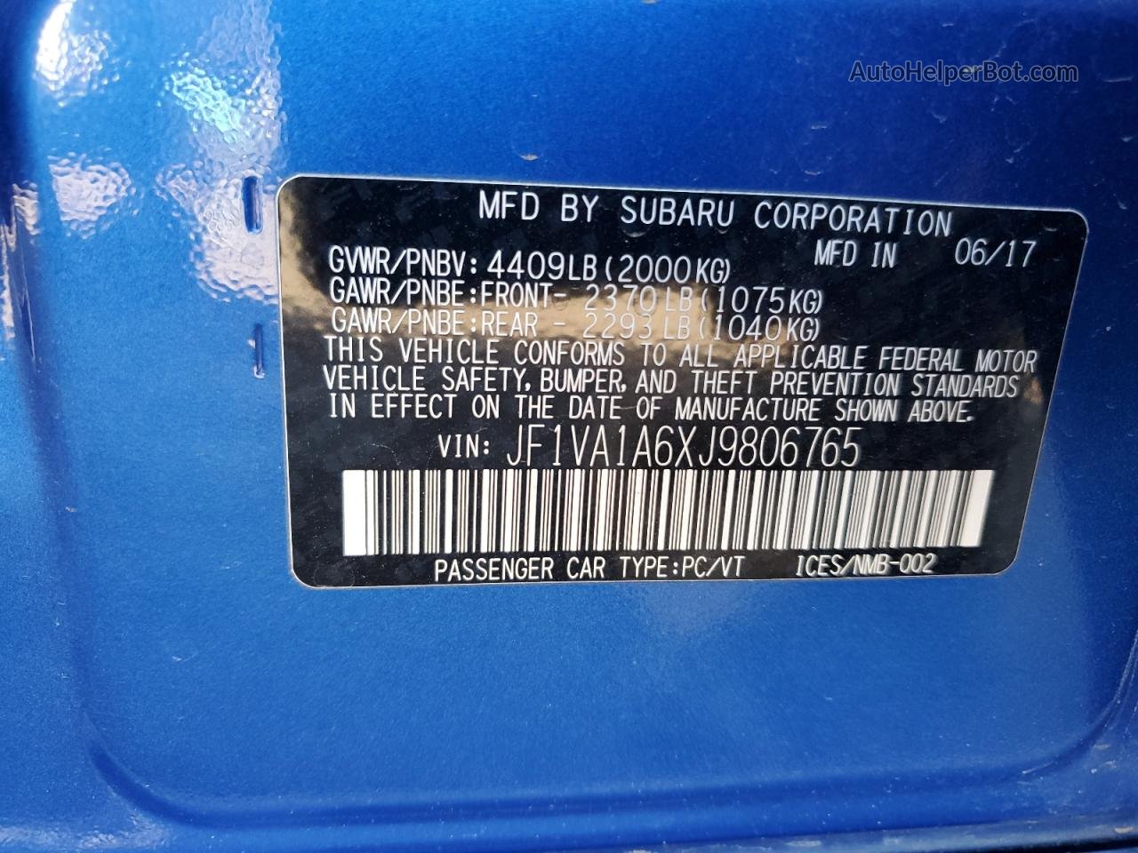 2018 Subaru Wrx  Blue vin: JF1VA1A6XJ9806765