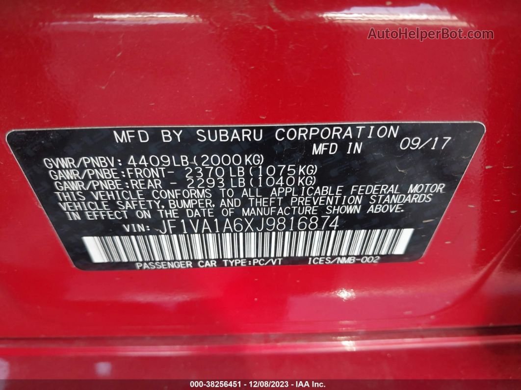 2018 Subaru Wrx   Red vin: JF1VA1A6XJ9816874