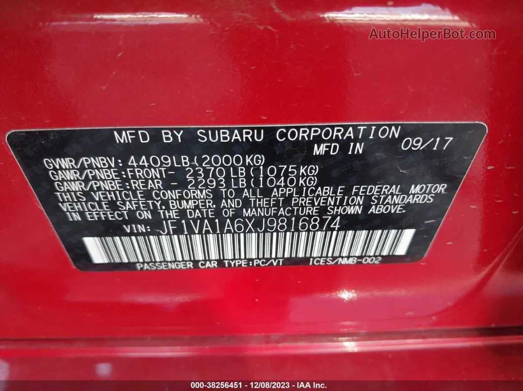 2018 Subaru Wrx   Red vin: JF1VA1A6XJ9816874