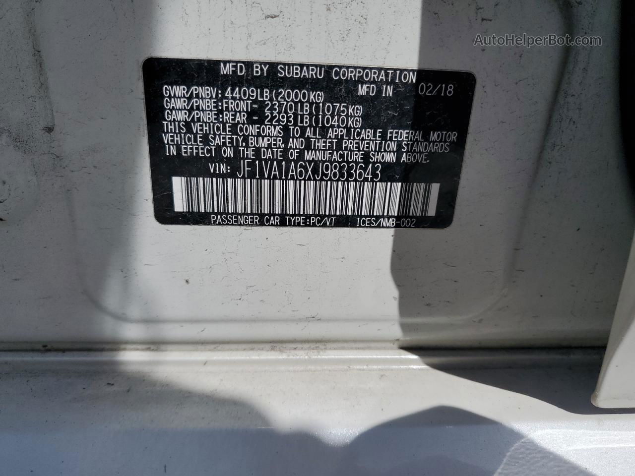 2018 Subaru Wrx  White vin: JF1VA1A6XJ9833643