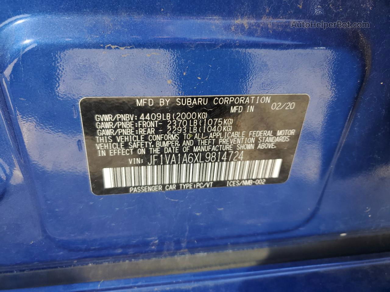 2020 Subaru Wrx  Синий vin: JF1VA1A6XL9814724