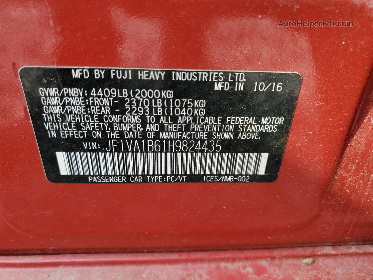 2017 Subaru Wrx  Red vin: JF1VA1B61H9824435