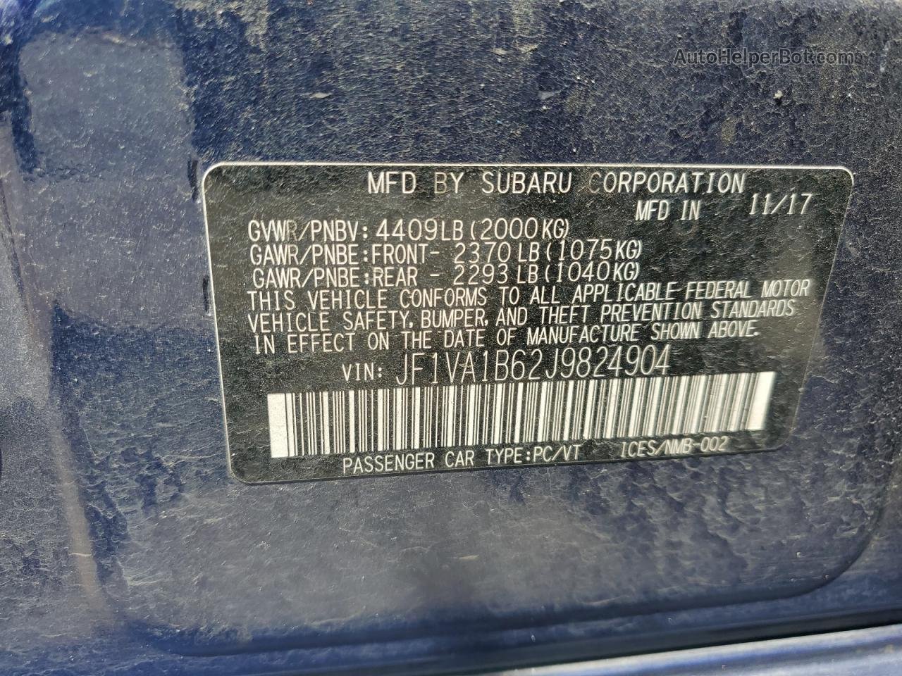 2018 Subaru Wrx  Синий vin: JF1VA1B62J9824904
