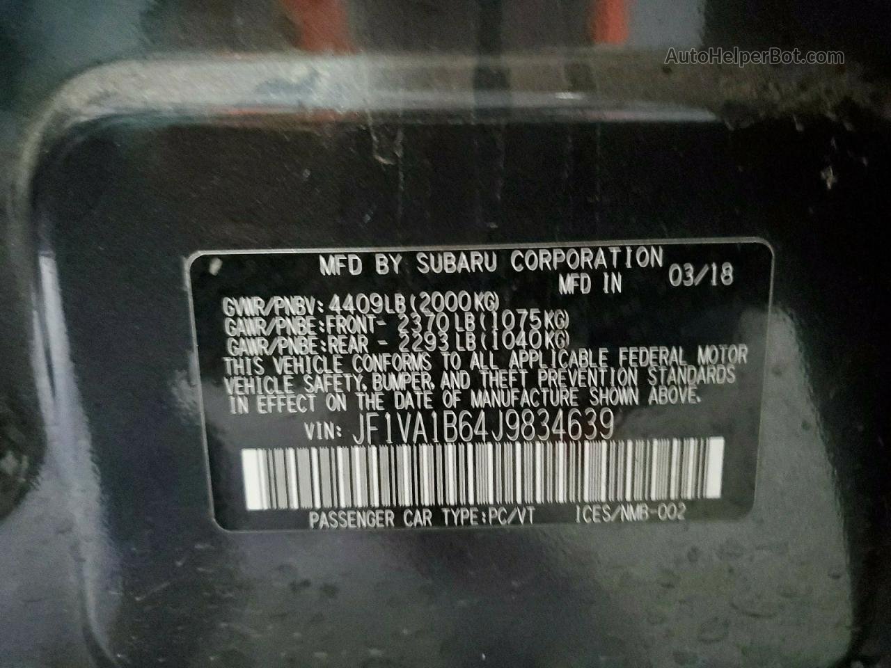 2018 Subaru Wrx  Black vin: JF1VA1B64J9834639