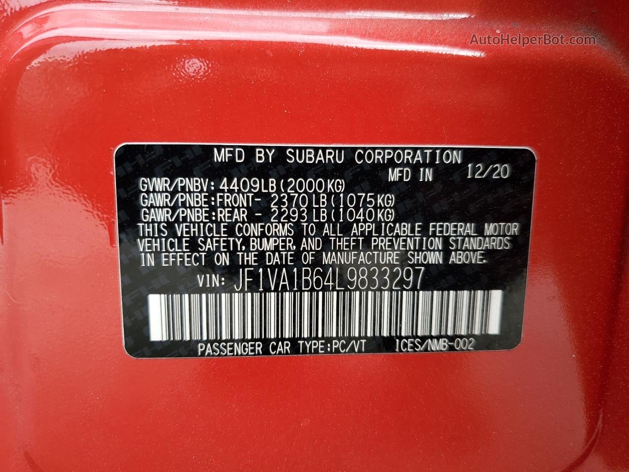 2020 Subaru Wrx Premium Red vin: JF1VA1B64L9833297