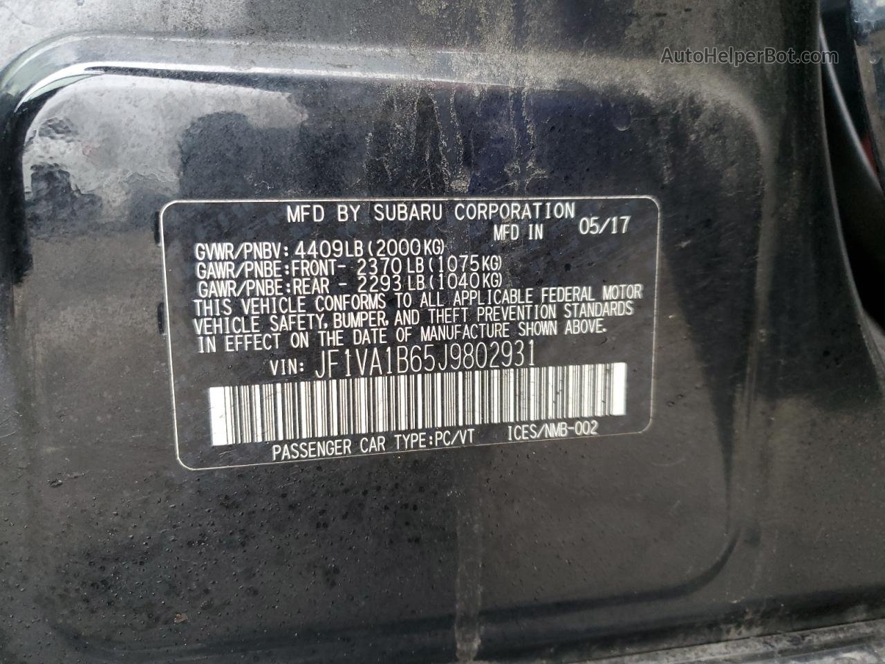 2018 Subaru Wrx  Black vin: JF1VA1B65J9802931