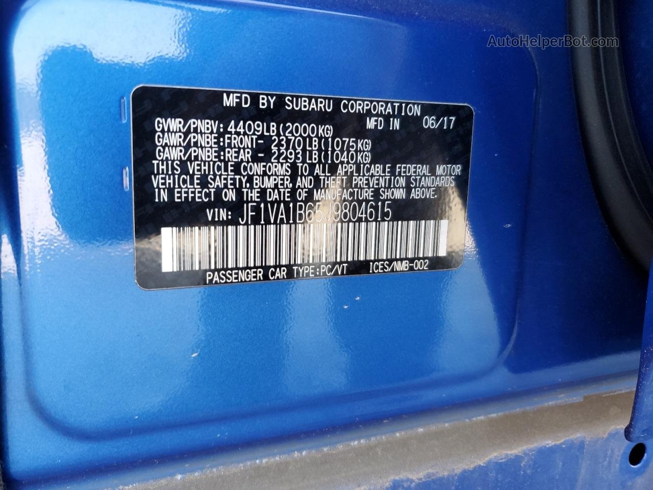 2018 Subaru Wrx  Синий vin: JF1VA1B65J9804615