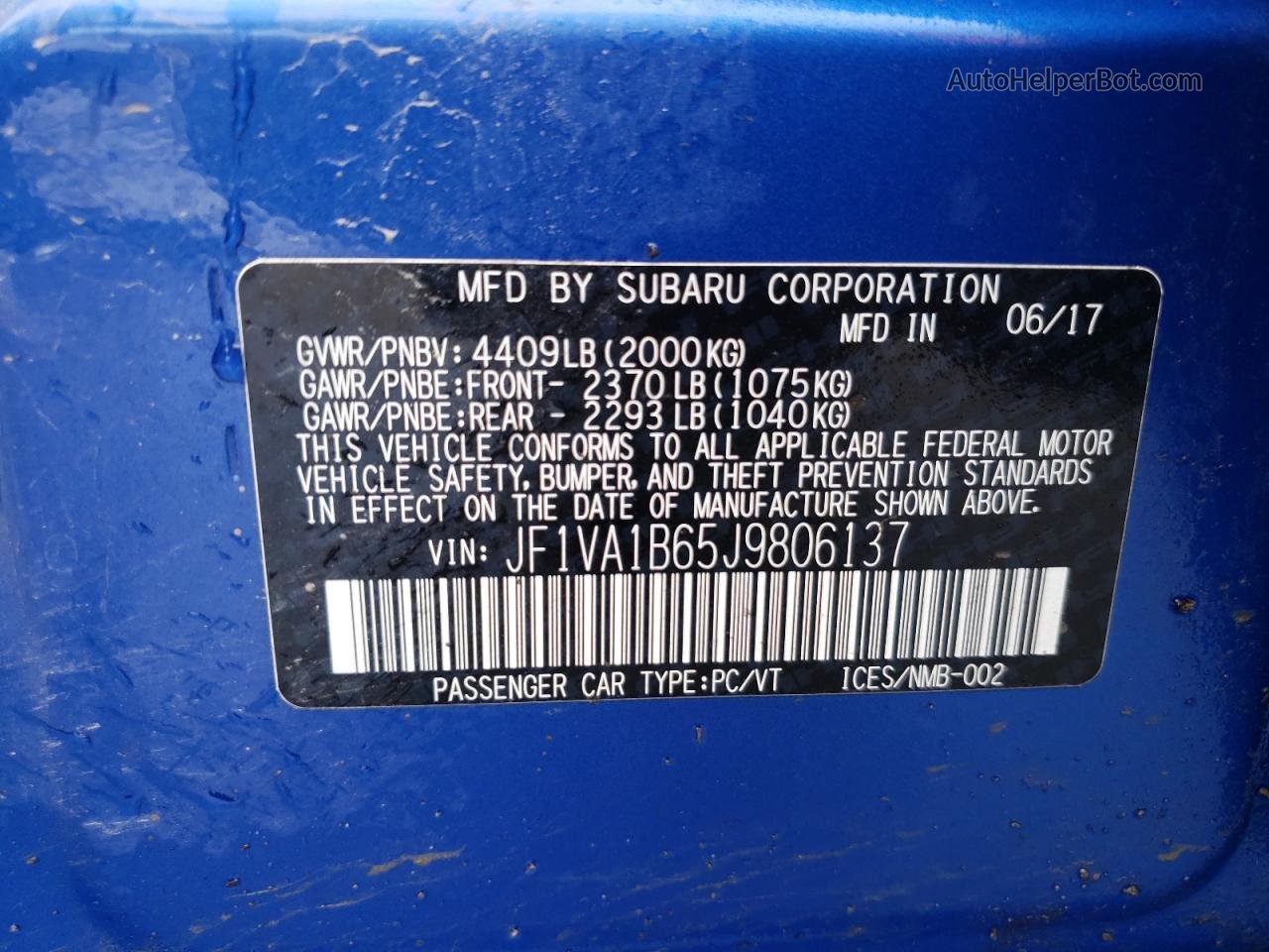 2018 Subaru Wrx  Синий vin: JF1VA1B65J9806137