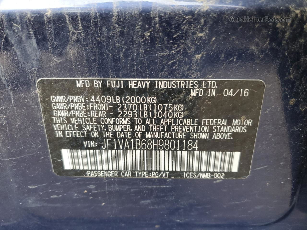 2017 Subaru Wrx  Blue vin: JF1VA1B68H9801184