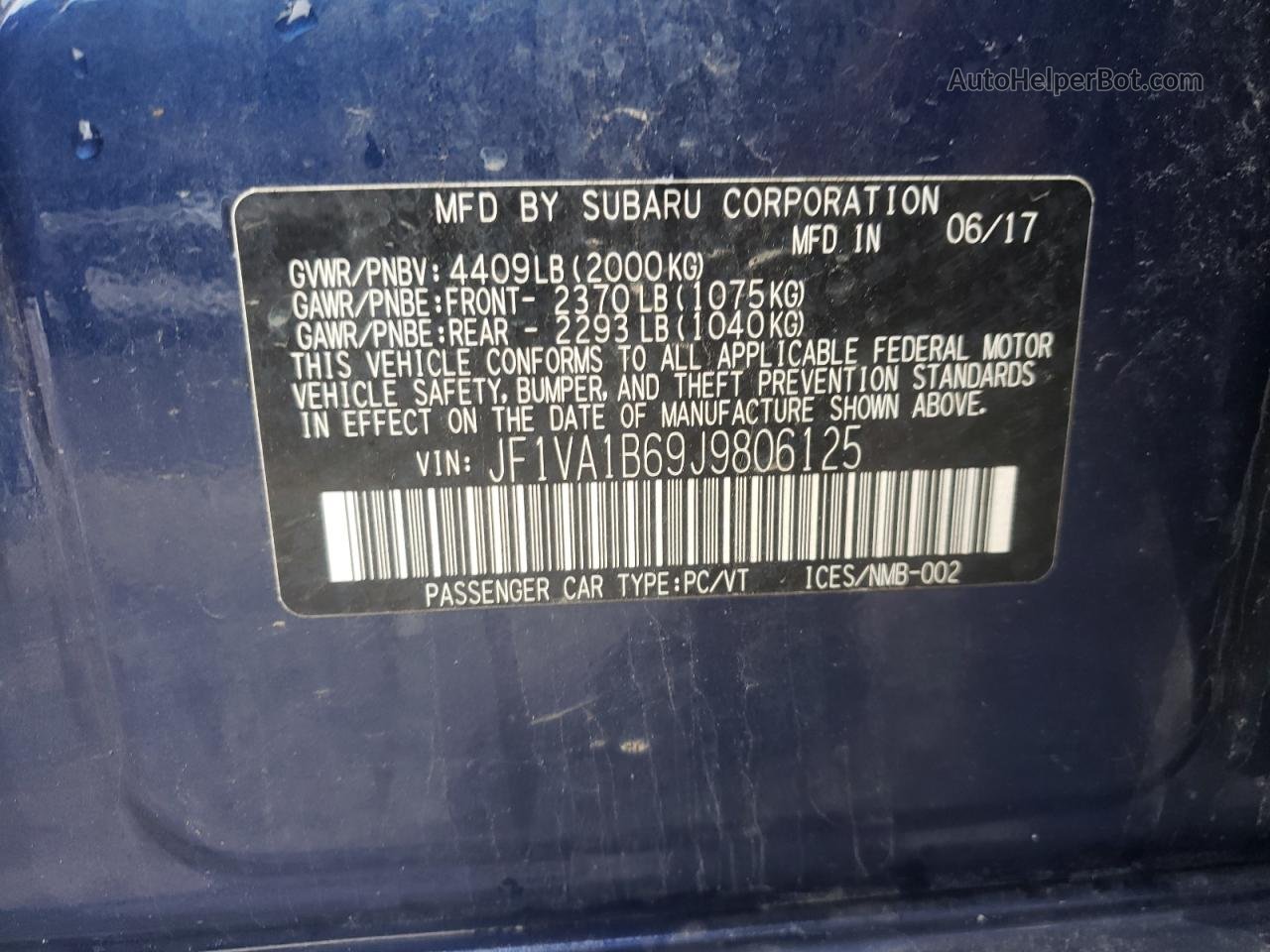 2018 Subaru Wrx  Blue vin: JF1VA1B69J9806125