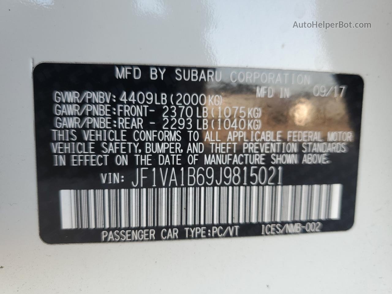 2018 Subaru Wrx  White vin: JF1VA1B69J9815021