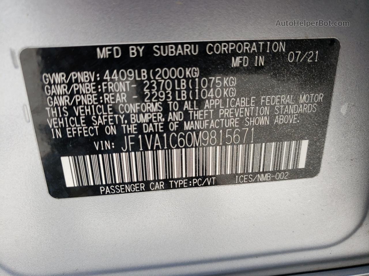 2021 Subaru Wrx Premium Silver vin: JF1VA1C60M9815671