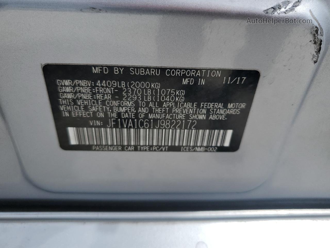 2018 Subaru Wrx Premium Silver vin: JF1VA1C61J9822172