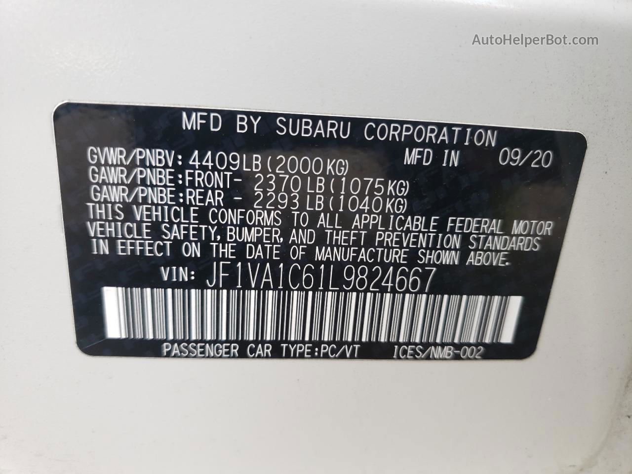 2020 Subaru Wrx Premium White vin: JF1VA1C61L9824667