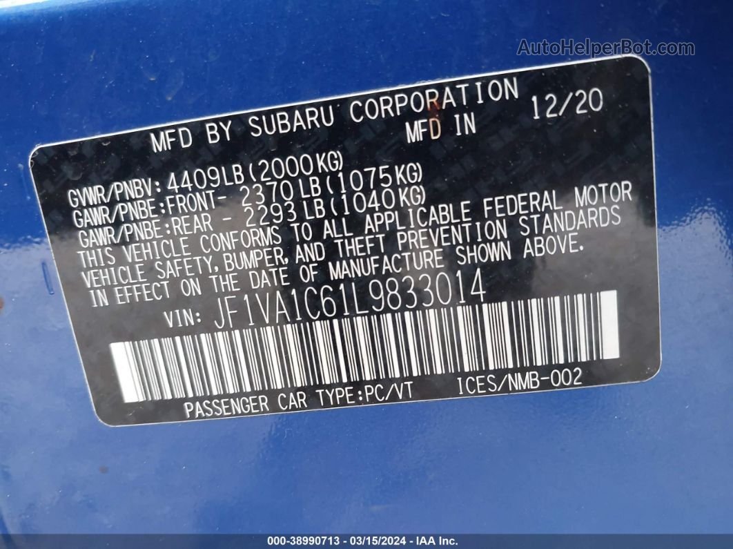 2020 Subaru Wrx Premium Blue vin: JF1VA1C61L9833014