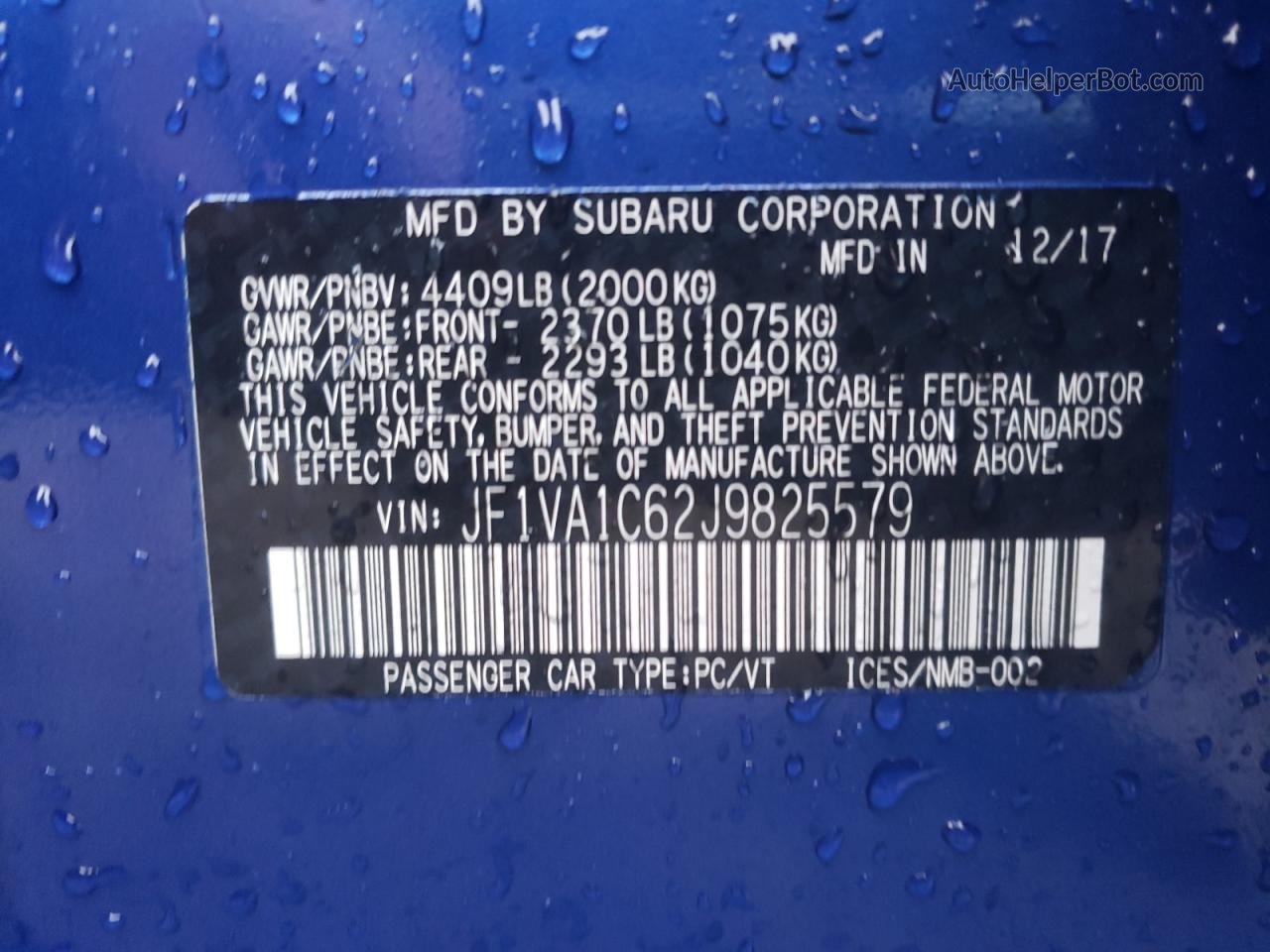 2018 Subaru Wrx Premium Blue vin: JF1VA1C62J9825579