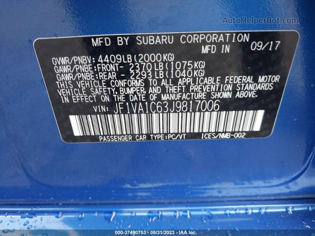 2018 Subaru Wrx Premium Синий vin: JF1VA1C63J9817006