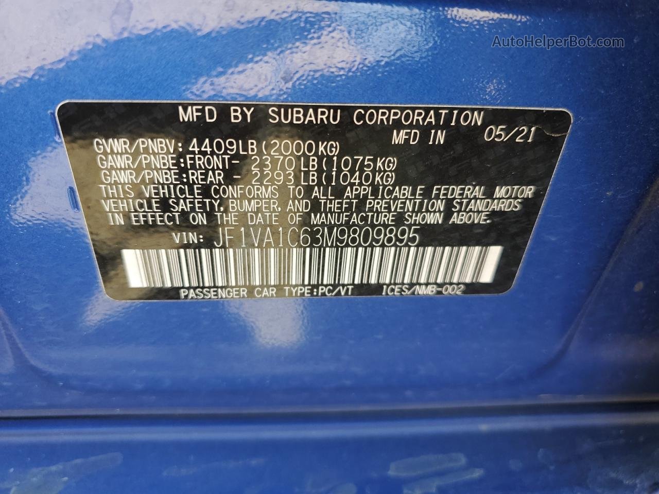 2021 Subaru Wrx Premium Синий vin: JF1VA1C63M9809895