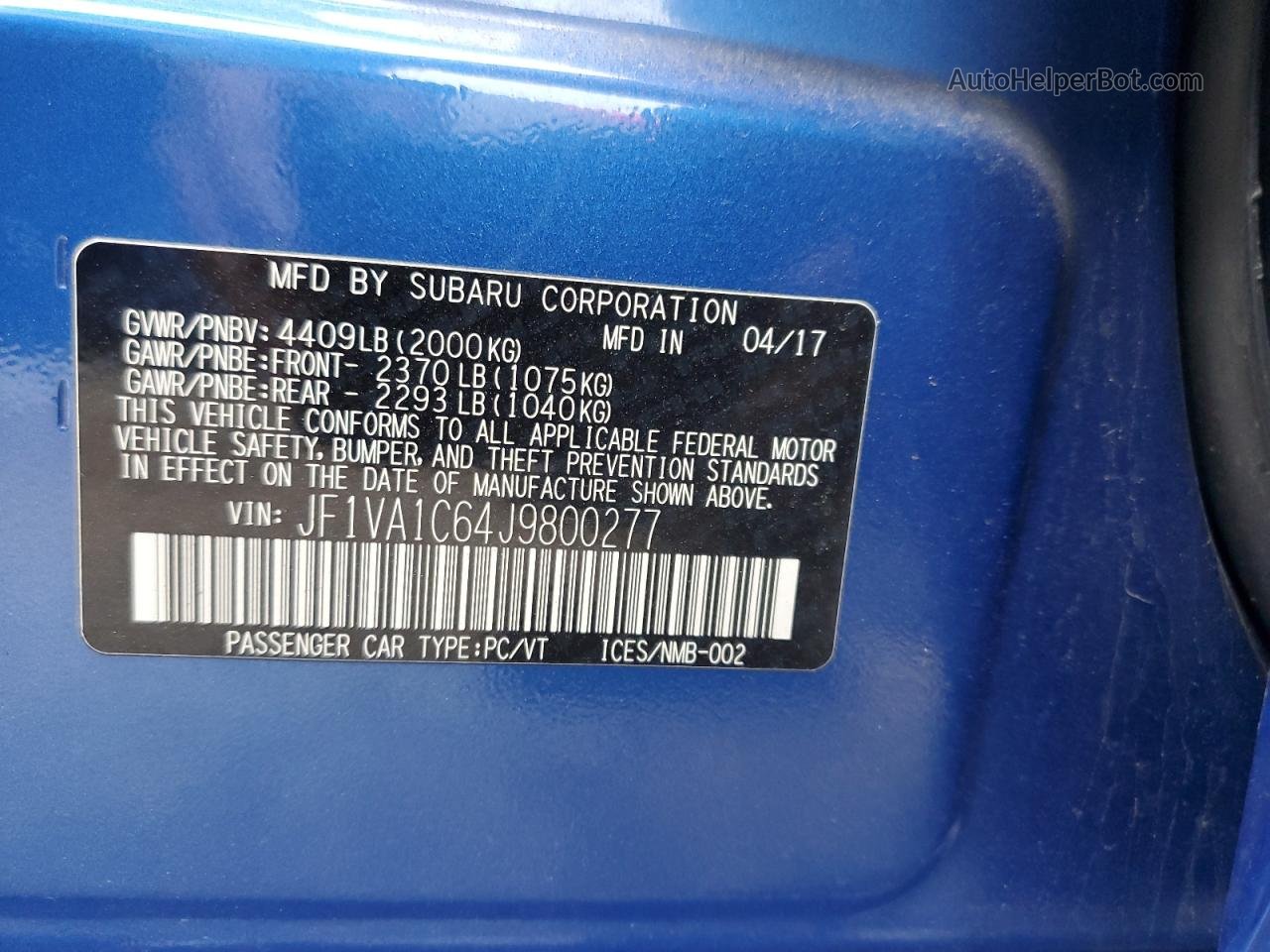 2018 Subaru Wrx Premium Blue vin: JF1VA1C64J9800277