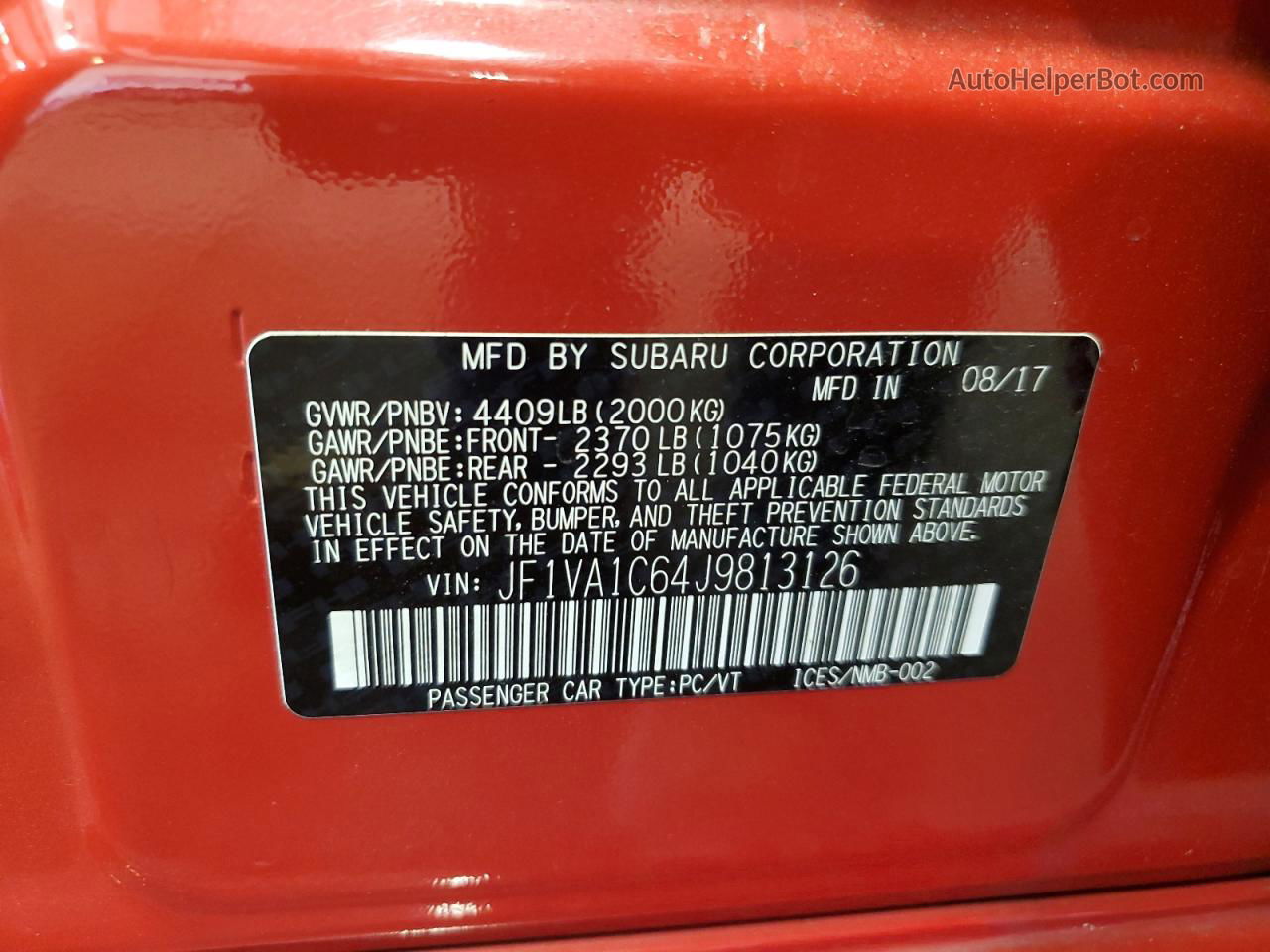 2018 Subaru Wrx Premium Красный vin: JF1VA1C64J9813126