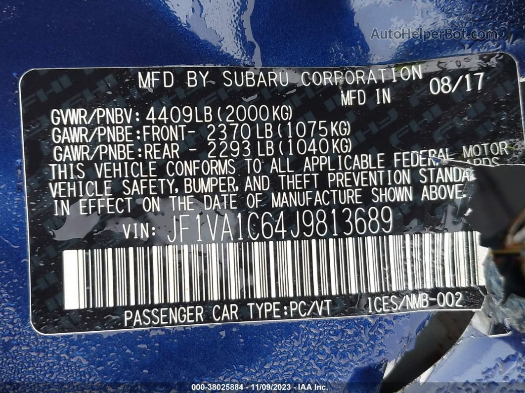 2018 Subaru Wrx Premium Blue vin: JF1VA1C64J9813689