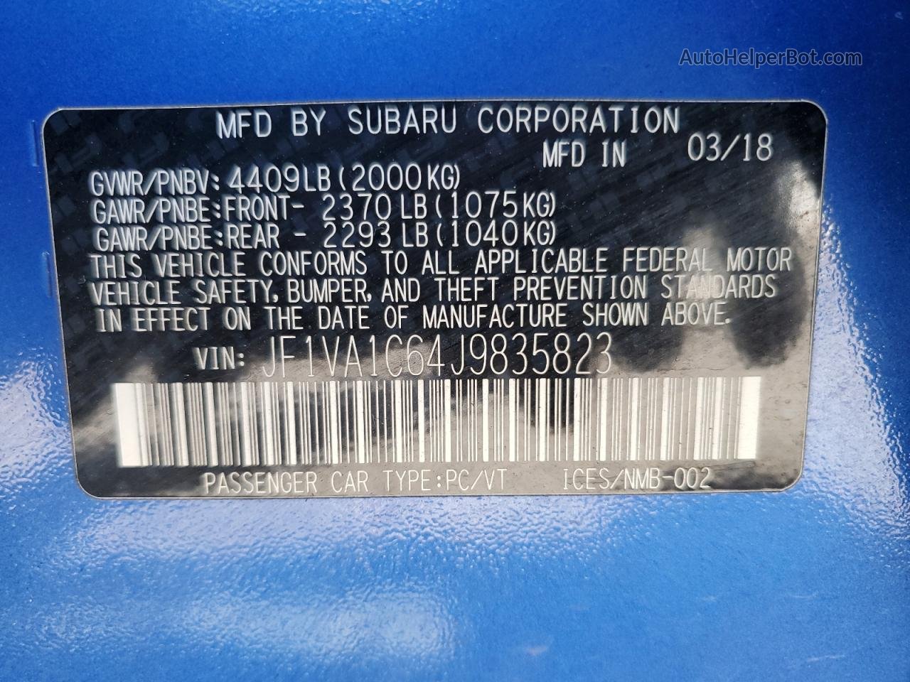 2018 Subaru Wrx Premium Blue vin: JF1VA1C64J9835823